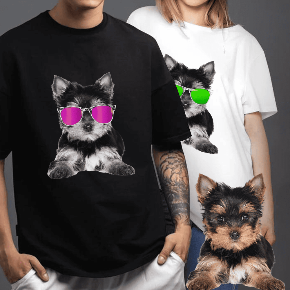Second finished product view of the bling glasses pet photo custom unisex tee