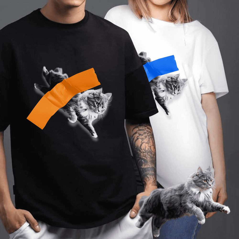 Second finished product view of the multi-color tape pet photo custom unisex tee