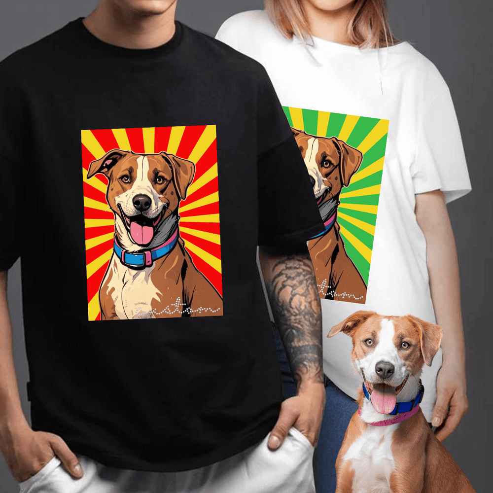 Second finished product view of the comic retro rays pet photo bling unisex tee