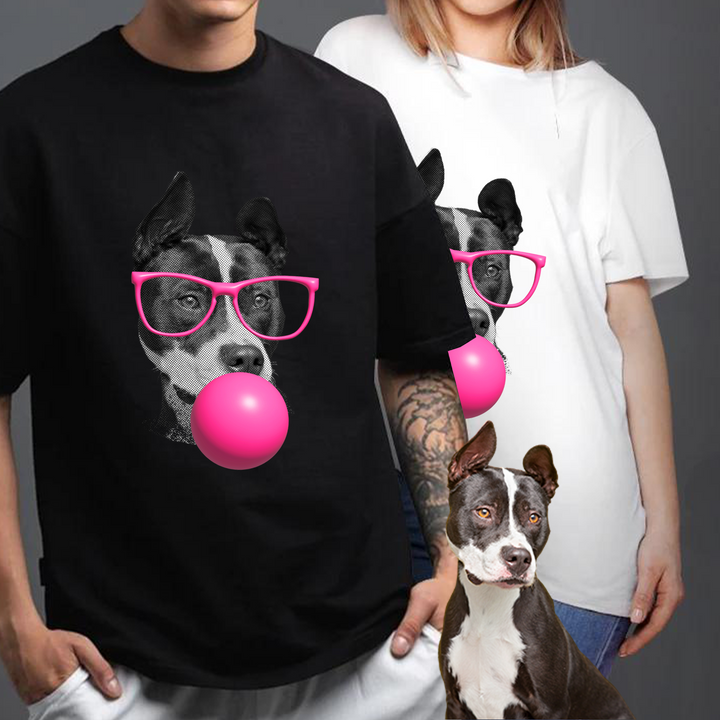 Custom Cool Pet with Glasses Blowing Bubble Gum Unisex T-shirt With Your Pet Face