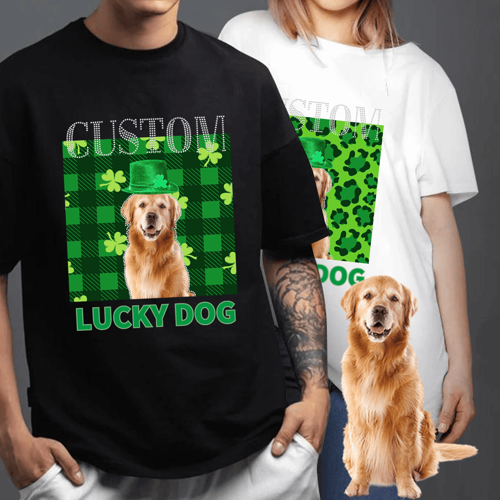 Second finished product view of the Lucky Dog St. Patrick's Day pet photo bling tee