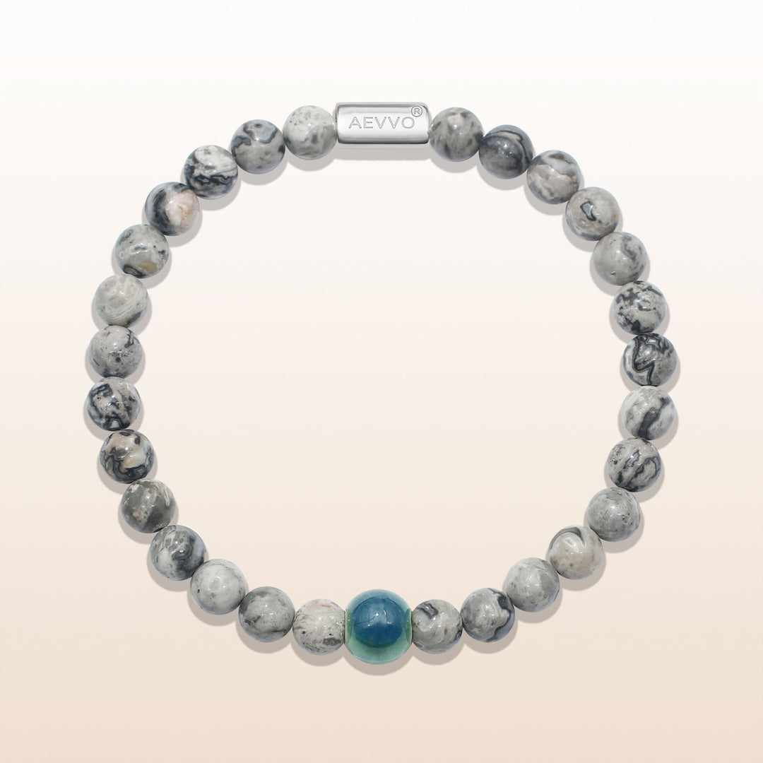 Grounding & Creativity - Silver Grey Picasso Jasper Evil Eye Bracelet Ⅰ