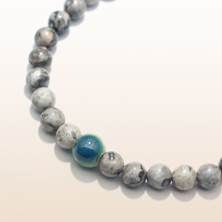 Grounding & Creativity - Silver Grey Picasso Jasper Evil Eye Bracelet Ⅰ