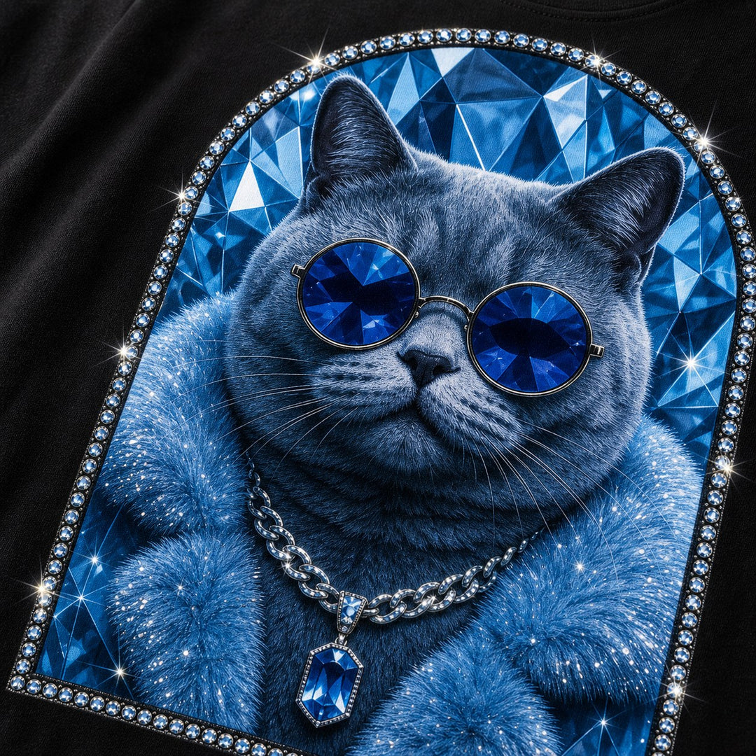Custom Cool Blue Cat Portrait Bling Unisex Tee sparkle detail close-up with icy blue rhinestone cat art