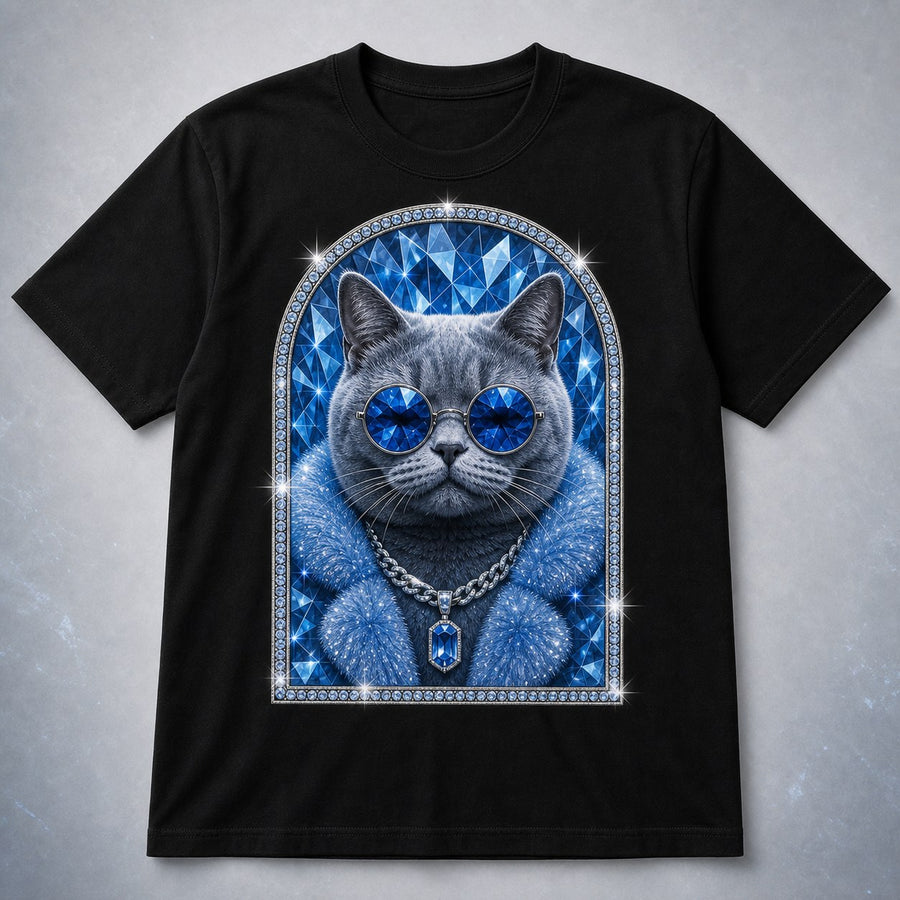 Custom Cool Blue Cat Portrait Bling Unisex Tee clean product main image with icy blue cat portrait