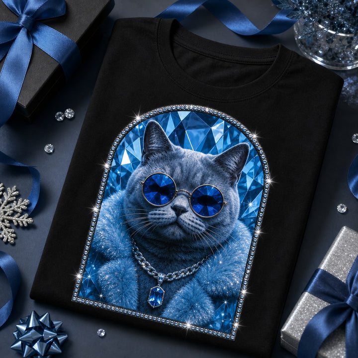 Custom Cool Blue Cat Portrait Bling Unisex Tee matching scene image with icy blue cat portrait