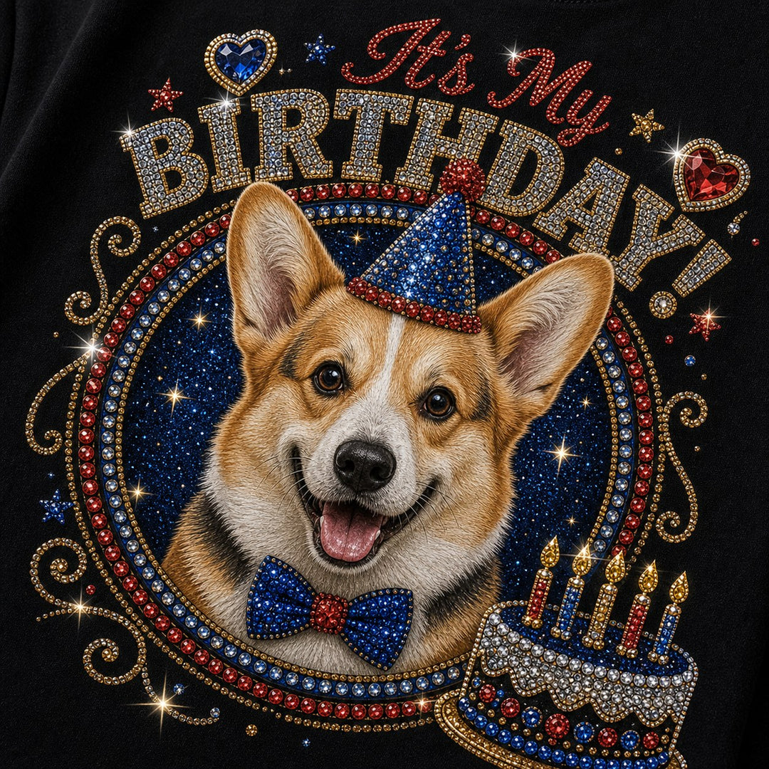 Custom Corgi Birthday Bling Unisex Tee sparkle detail close-up with birthday rhinestone corgi art