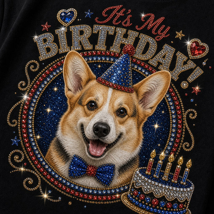 Custom Corgi Birthday Bling Unisex Tee sparkle detail close-up with birthday rhinestone corgi art