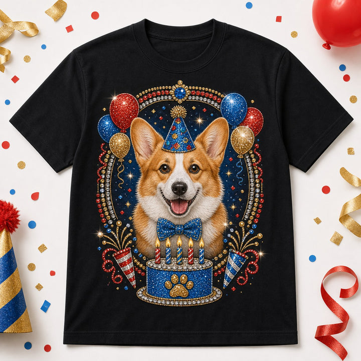 Custom Corgi Birthday Bling Unisex Tee clean product main image with corgi birthday portrait