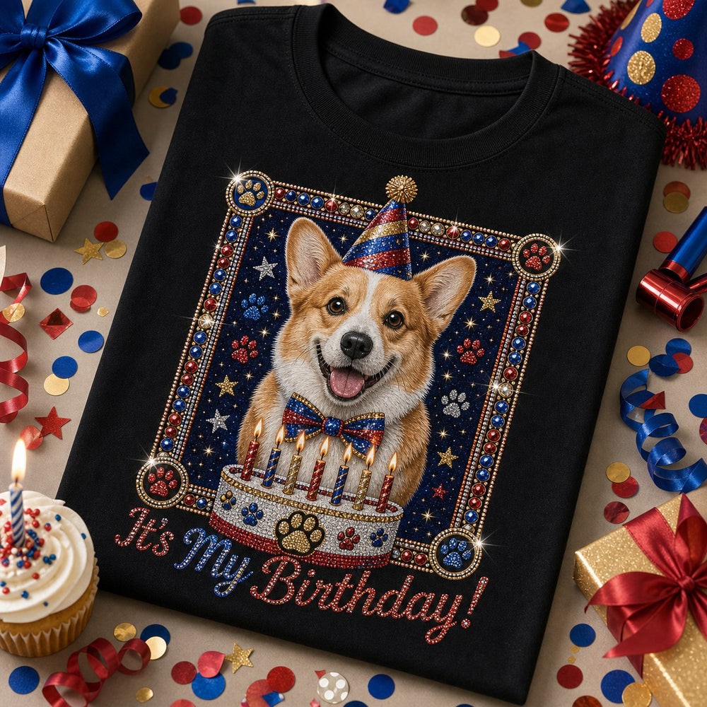 Custom Corgi Birthday Bling Unisex Tee matching scene image with corgi birthday party styling