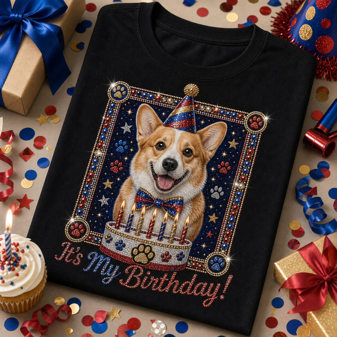 Custom Corgi Birthday Bling Unisex Tee matching scene image with corgi birthday party styling