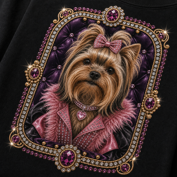 Custom Glamoratti Pet Portrait Bling Unisex Tee sparkle detail close-up with jewel rhinestone pet portrait art