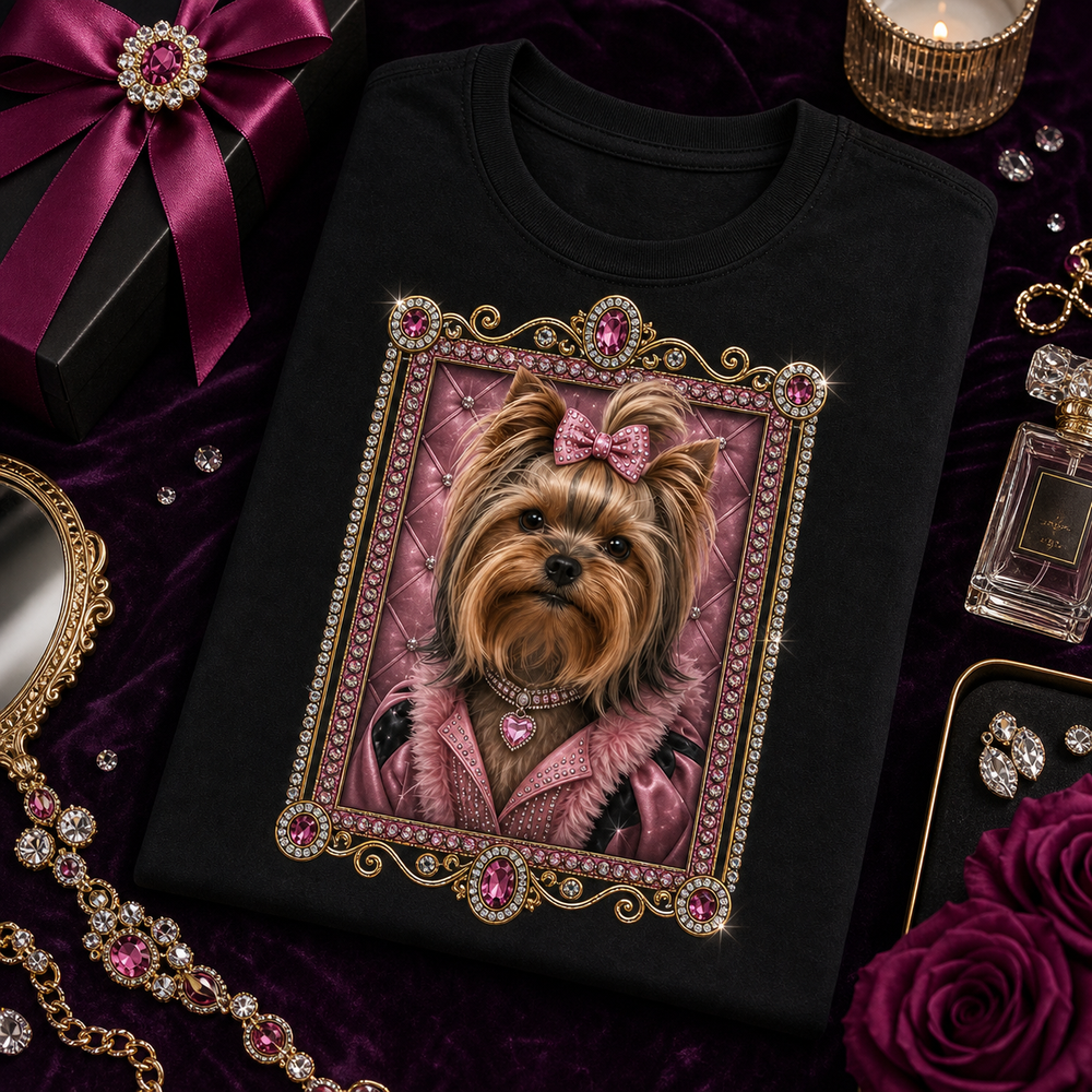Custom Glamoratti Pet Portrait Bling Unisex Tee matching scene image with luxe jewel pet portrait frame