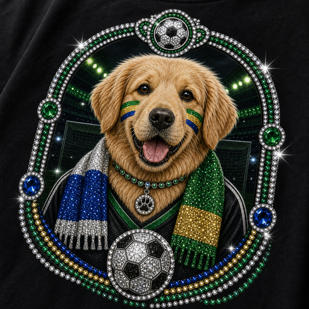 Custom Global Match Day Pet Fan Bling Unisex Tee sparkle detail close-up with soccer rhinestone pet fan art