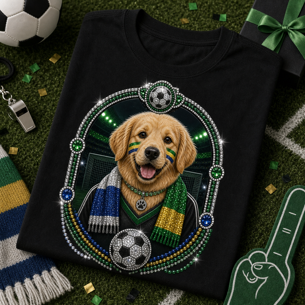 Custom Global Match Day Pet Fan Bling Unisex Tee matching scene image with soccer pet fan portrait