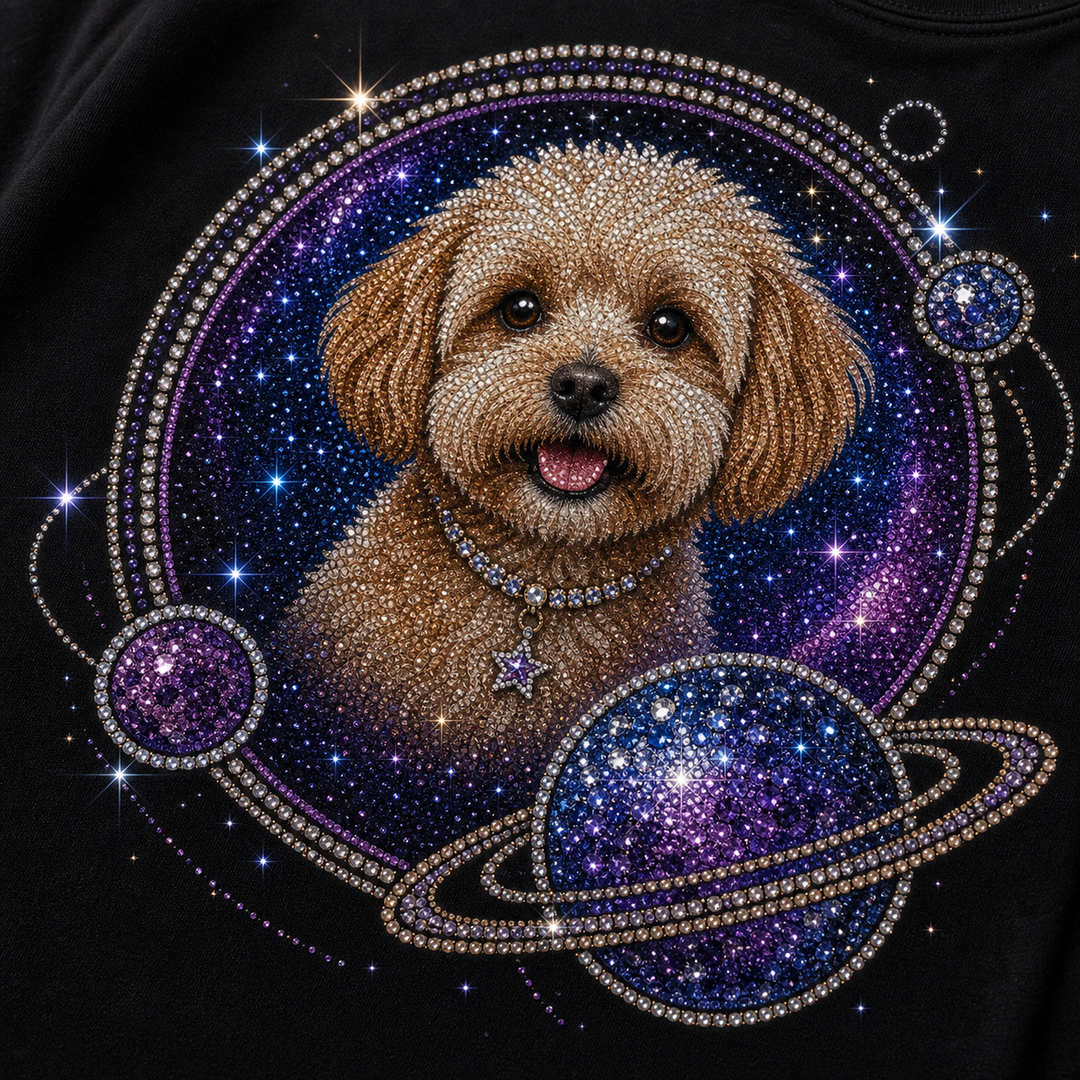 Custom Intergalactic Pet Orbit Bling Unisex Tee sparkle detail close-up with orbit rhinestone pet portrait art