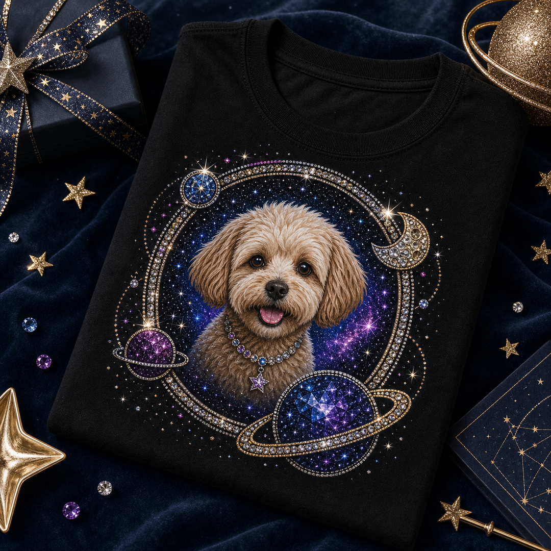 Custom Intergalactic Pet Orbit Bling Unisex Tee matching scene image with cosmic pet orbit portrait