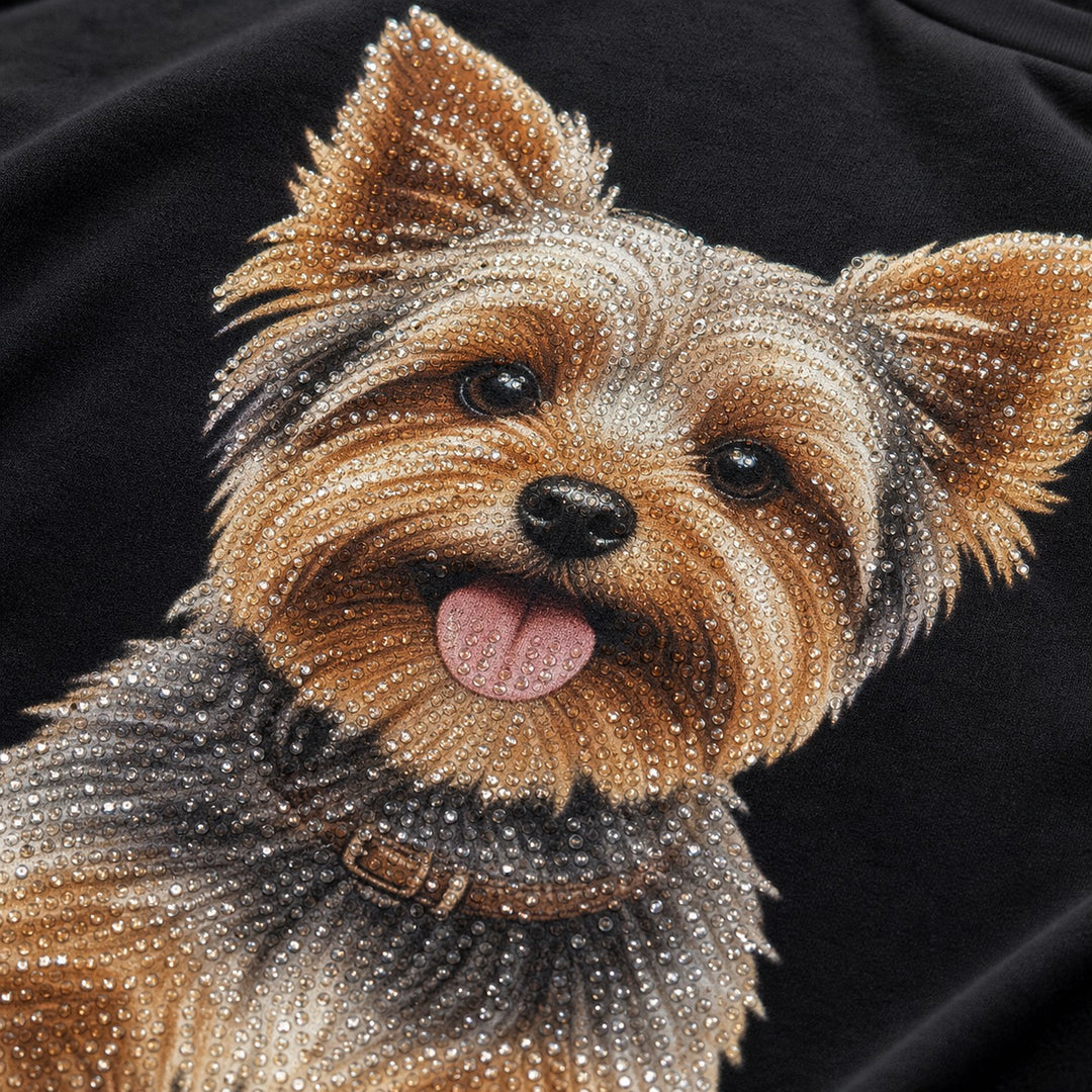 Personalized One Photo Pet Gift Bling Unisex Tee sparkle detail close-up with rhinestone pet portrait art