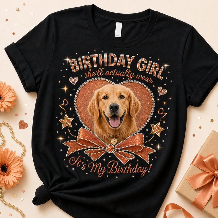 Custom Persimmon Gift Crush Pet Bling Unisex Tee clean product main image with warm orange rhinestone pet portrait design