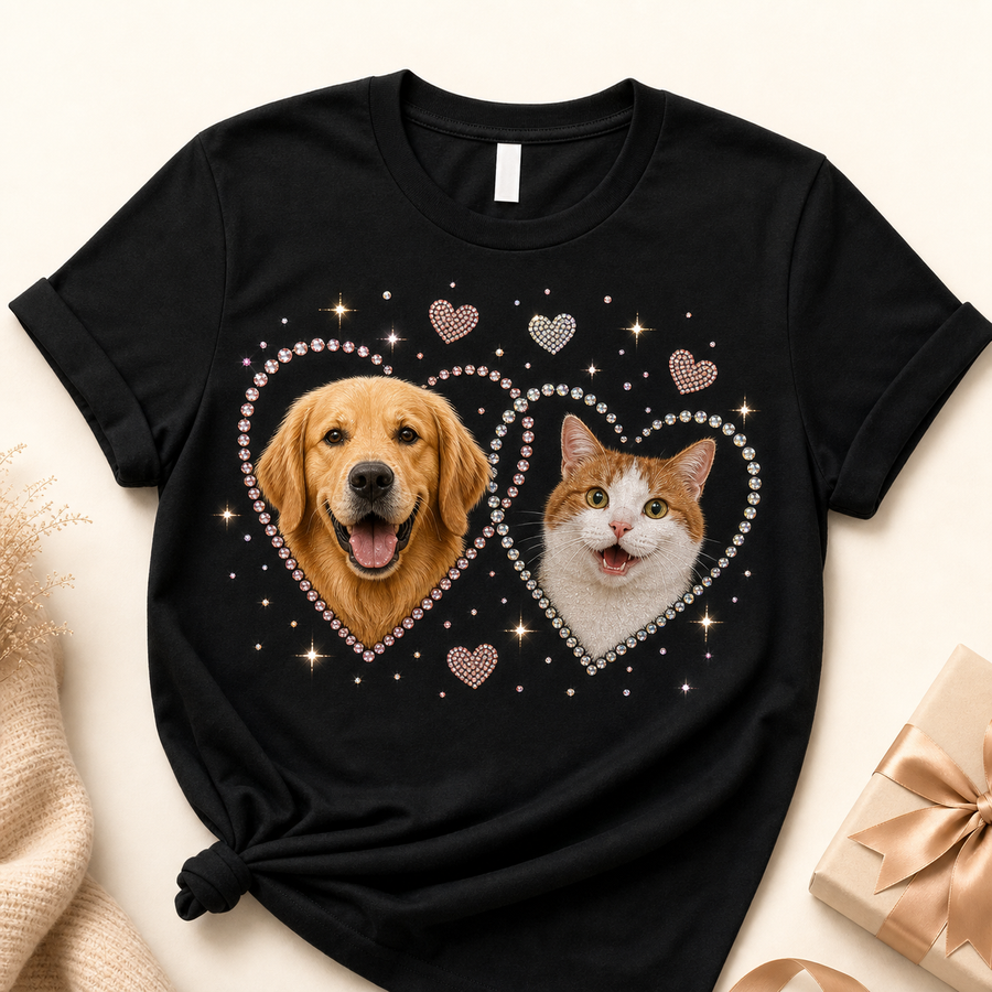 Custom Two Pets Best Friends Bling Unisex Tee clean product main image with two pet portrait rhinestone design