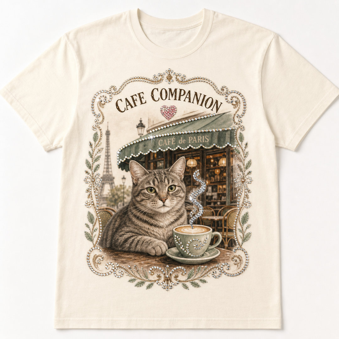 Custom Pet Cafe Companion Bling Photo Unisex Tee - Personalized Dog & Cat Gift