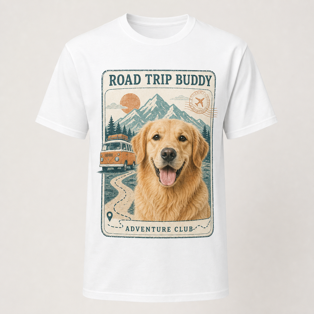 Custom Pet Road Trip Buddy Photo Unisex Tee - Personalized Dog & Cat Gift