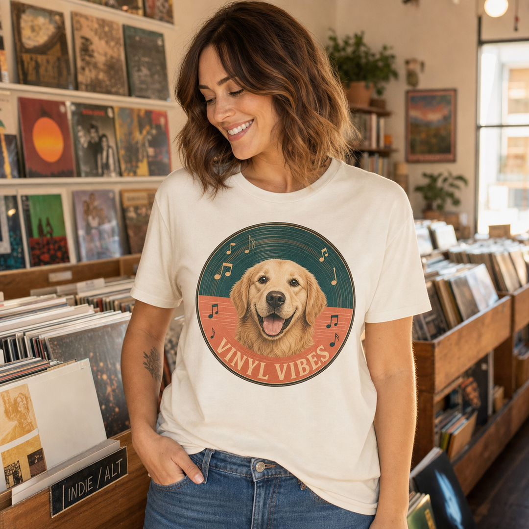 Custom Pet Vinyl Vibes Photo Unisex Tee - Personalized Dog & Cat Gift