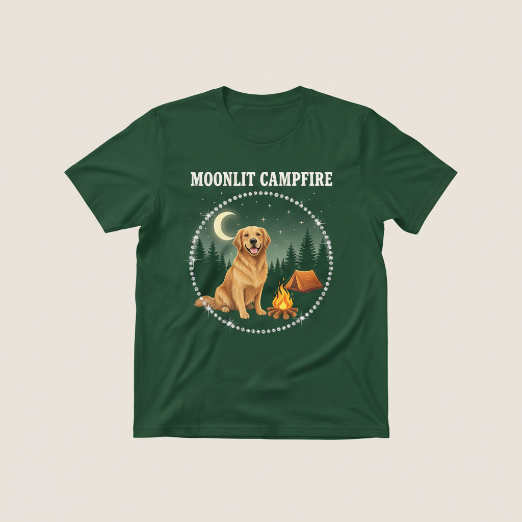 Custom Pet Moonlit Campfire Bling Photo Unisex Tee - Personalized Dog & Cat Gift